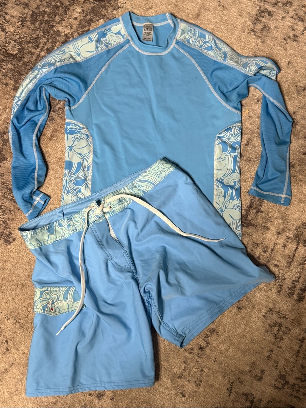 Mysterioso Womens Sky Blue Tropical Rash Guard & Board Shorts 2 Piece Swim Set M